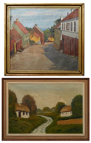 Continental School, "Town Street Scene" and "Cottages in the Countryside," pair of oils on canvas, 20th c., unsigned, each presented in wood frames, H
