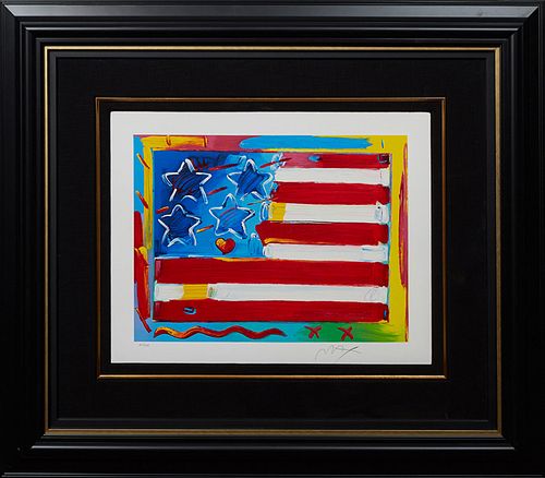 Peter Max (1937-, New York/Germany), "Flag with Heart," 2015, serigraph, editioned 240/495, pencil signed lower right, embossed with artist's name and