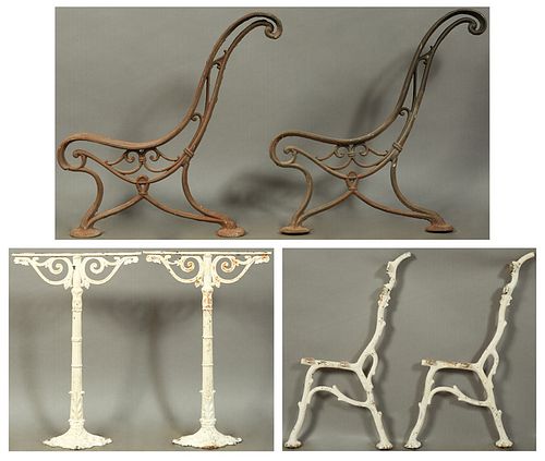 Group of Six French Wrought Iron Standards, 19th c., one pair for a bistro table and two pair of garden bench supports, Largest Bench- H.- 32 in., W.-