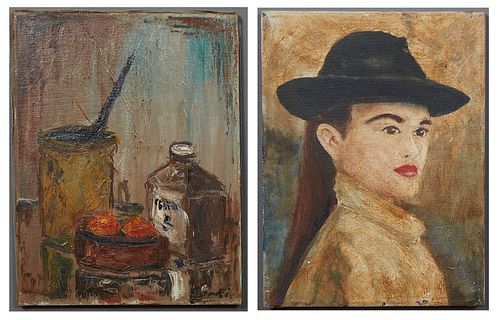 American School, "Portrait of a Woman in a Hat," late 20th/early 21st c., oil on canvas, unsigned, unframed, H.- 12 in., W.- 9 in.; and Gorki, "Still 