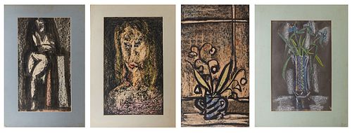 Hubert Hanush (20th c., New Orleans/Missouri), Four Abstracts, mixed media on paper, consisting of two floral still lifes and two female figures, each