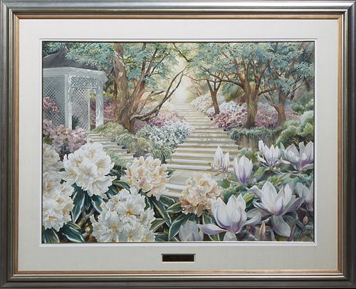 Daryl Trott (1902-2004, Australian), "Peaceful Garden," 1986, watercolor, signed and dated lower right, presented in a wide silvered and gilt frame, H