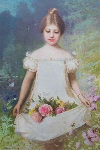 GIRL CARRYING ROSES OIL PAINTING