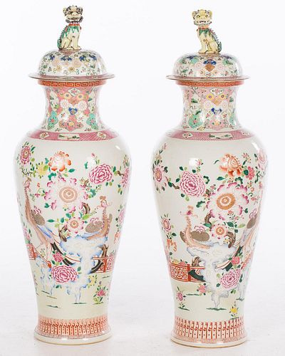 4933108: Large Pair of Famille Rose Decorated Porcelain Covered Vases, Modern ES7AC