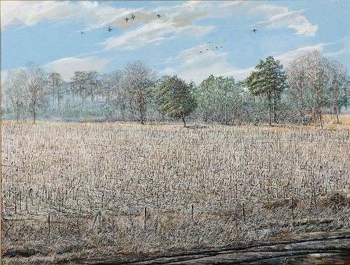 4933148: Gilbert Maggioni (South Carolina, 20th Century),
 Field with Ducks, Acrylic on Canvas ES7AL