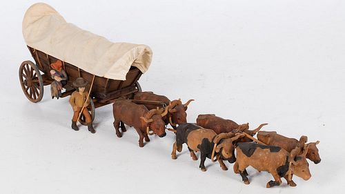 4933223: Lorn Wallace (American, 20th Century), Hand-Carved
 Wooden Covered Wagon and 6 Oxen Team ES7AL