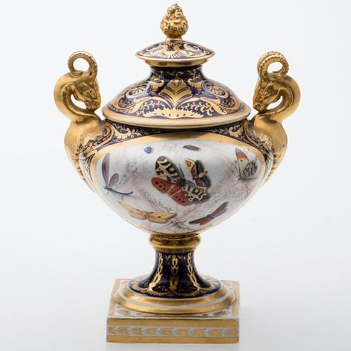 4933236: French Porcelain Lidded Urn Painted with Butterflies, 19th Century ES7AF