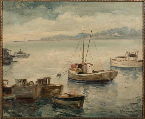 4933238: Cesar Villacres (US/Ecuador, 1880-1941), Boats, Oil on Canvas ES7AL