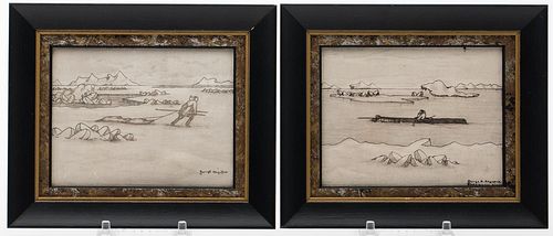 4933243: George Twok Aden Ahgupuk (Alaska, 1911-2001) Pair
 of Inuit Scenes, Ink and Watercolor on Paper ES7AA