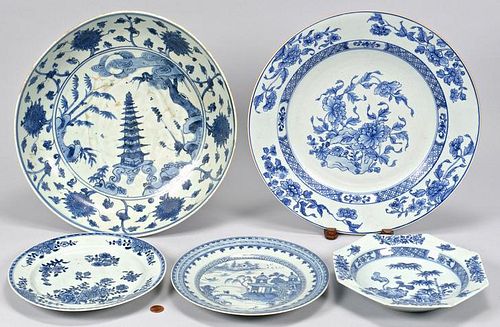 5 Asian Themed Blue & White Plates/Chargers