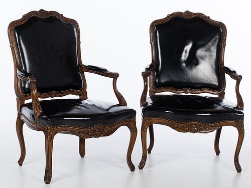 4933287: Pair of Louis XV Style Stained Wood Black Leather
 Upholstered Open Armchairs, 20th Century ES7AJ
