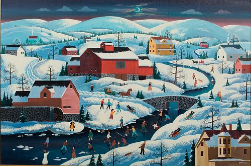 4933313: Steve Klein (American, b. 1965), Folk Art Snowscape, Oil on Canvas ES7AL