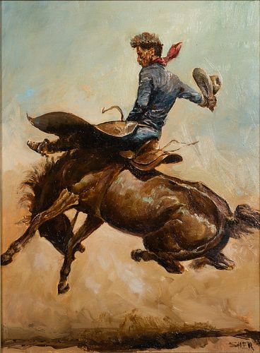 4933361: American School, Cowboy on Horse, Oil On Board, 20th Century ES7AL