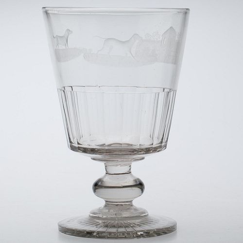 4950847: English Glass Vase Etched with Dogs, 19th Century ES7AF