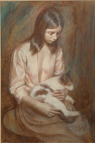 4950853: Steven Chudova (American, b. 1929), Portrait of
 a Woman with Cat, Oil on Masonite ES7AL