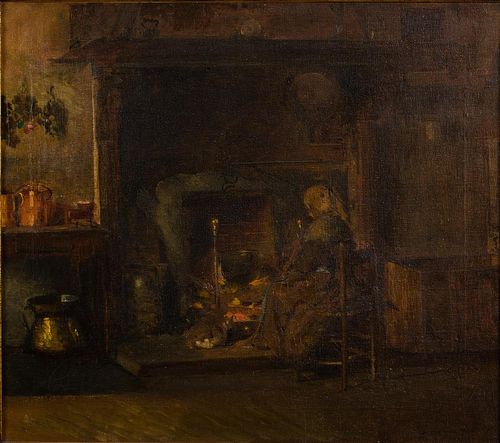 4951005: Italian School, Interior by Fireplace, Oil on Canvas, 19th Century ES7AL