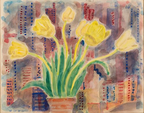 4842478: Bertram Hartman (New York, 1882-1960), Yellow Tulips
 with NYC Skyline, Watercolor on Paper C8BKL