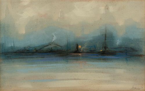 4842489: American School, 20th Century, Cityscape from Water,
 Watercolor and Pastel on Paper, 1931 C8BKL