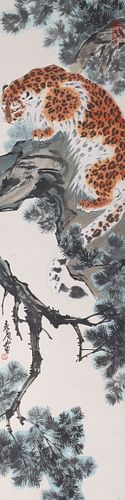 Chinese Ink & Color on Paper Leopard Painting mounted as Scroll