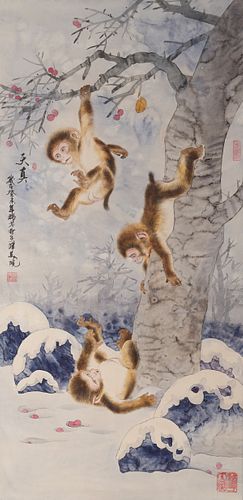 Chinese Ink & Color on Paper Monkey Painting mounted as Scroll