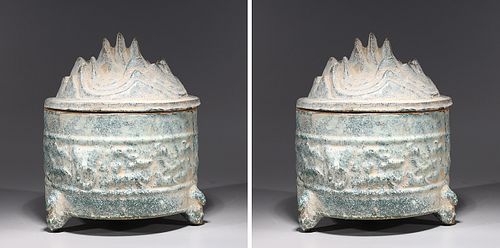 Pair of Chinese Hill Topped Covered Tripod Censers