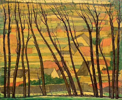 Henri Burkhard oil landscape, village through trees