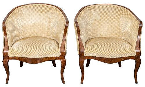 French Burl Wood Veneer Lounge Chairs, Pr