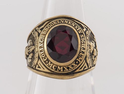 Vintage Brooklyn College 14K Gold Red Stone Ring