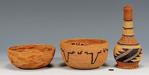 2 California Native American Baskets & Basket Covered Bottle