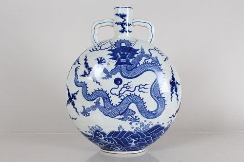 A Chinese Duo-handled Dragon-decorating Blue and White Porcelain Fortune Vase 