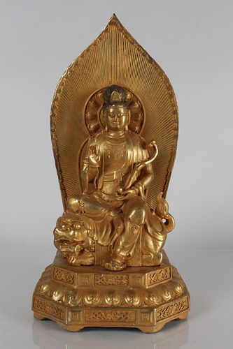 A Chinese Myth-beast Detailed Religious Gilt Fortune Buddha Statue 