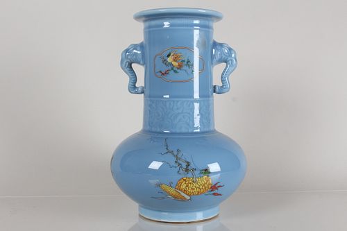 A Chinese Duo-handled Nature-sceen Porcelain Blue-coding Fortune Vase 