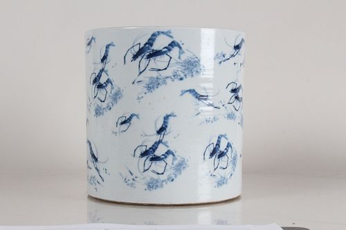 A Chinese Shrimp-fortume Circular Porcelain Fortune Brush Pot
