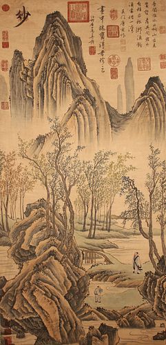A Chinese Detailed Mountain-view Poetry-framing Fortune Scroll 
