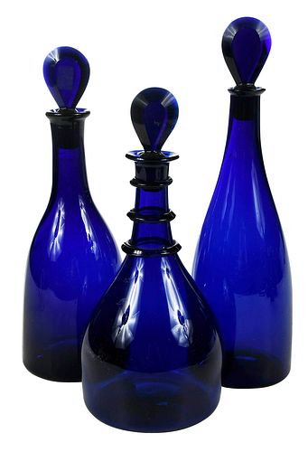 Three English Bristol Blue Glass Decanters 