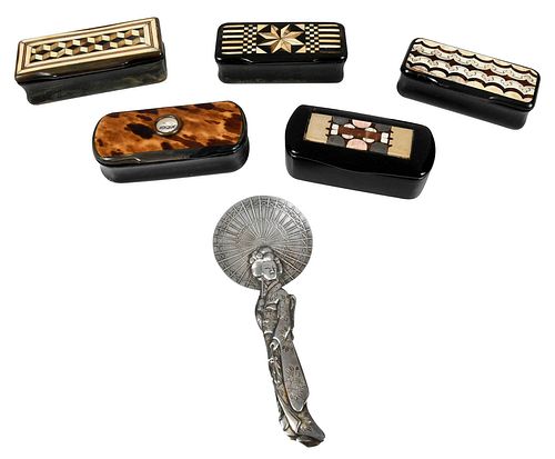 Group of Five Inlaid Snuff Boxes, Japanese Silver Spoon