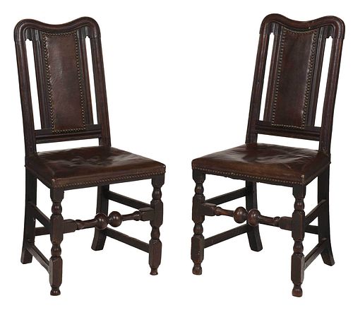 Pair William and Mary Oak Leather Upholstered Chairs