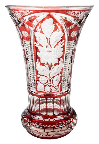 Bohemian Cranberry Etched and Cut to Clear Crystal Vase