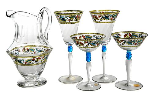Moser Enameled Pitcher and Four Glasses
