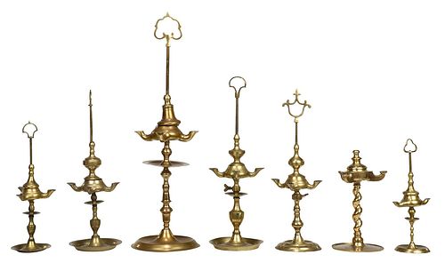 Seven British/Continental Brass Whale Oil Lamps