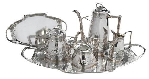 Six Piece Art Nouveau Silver Plated Tea Service, Trays