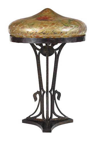 Bohemian Art Nouveau Glass and Iron Table Lamp