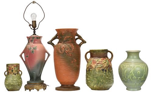 Five Arts and Crafts Vases, Rookwood and Roseville
