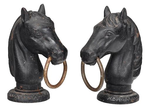 Pair Black Painted Cast Iron Horse Head Hitching Posts
