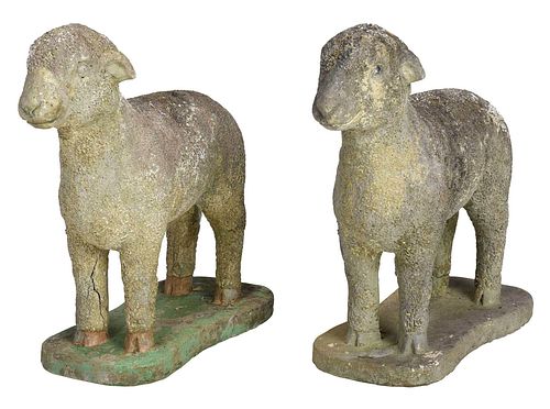 Pair Cast Stone Lambs