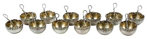 Set of 12 Sterling Open Salts and Spoons