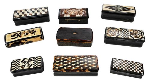 Group of Nine 19th Century Inlaid Snuff Boxes