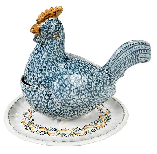 Continental Faience Chicken Tureen and Cover