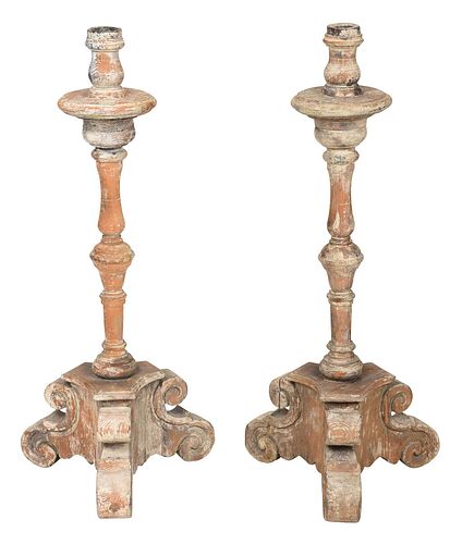 Large Pair Baroque Paint Decorated Pricket Sticks