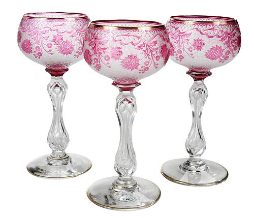 Set of Ten Etched Overlay Glass Wine Goblets
